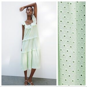 NWT. Zara Mint Green Open Work Embroidered Midi Dress. Size M.
